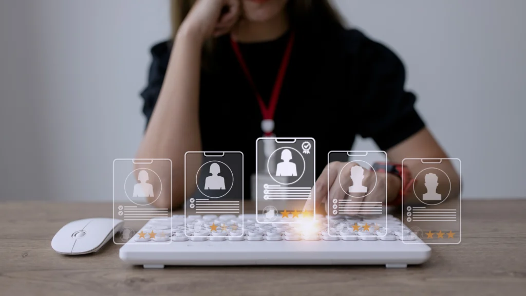 human resources hr management recruitment employment headhunting concept human resources uses computers search select job applicants process selecting people join work hr