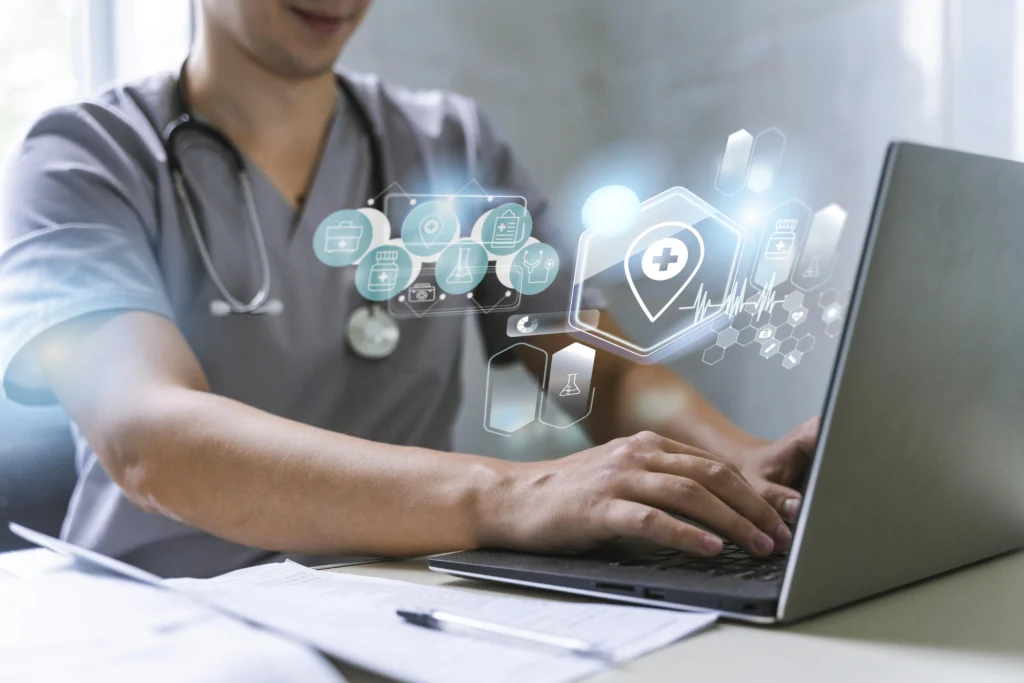 medical banner with doctor working laptop
