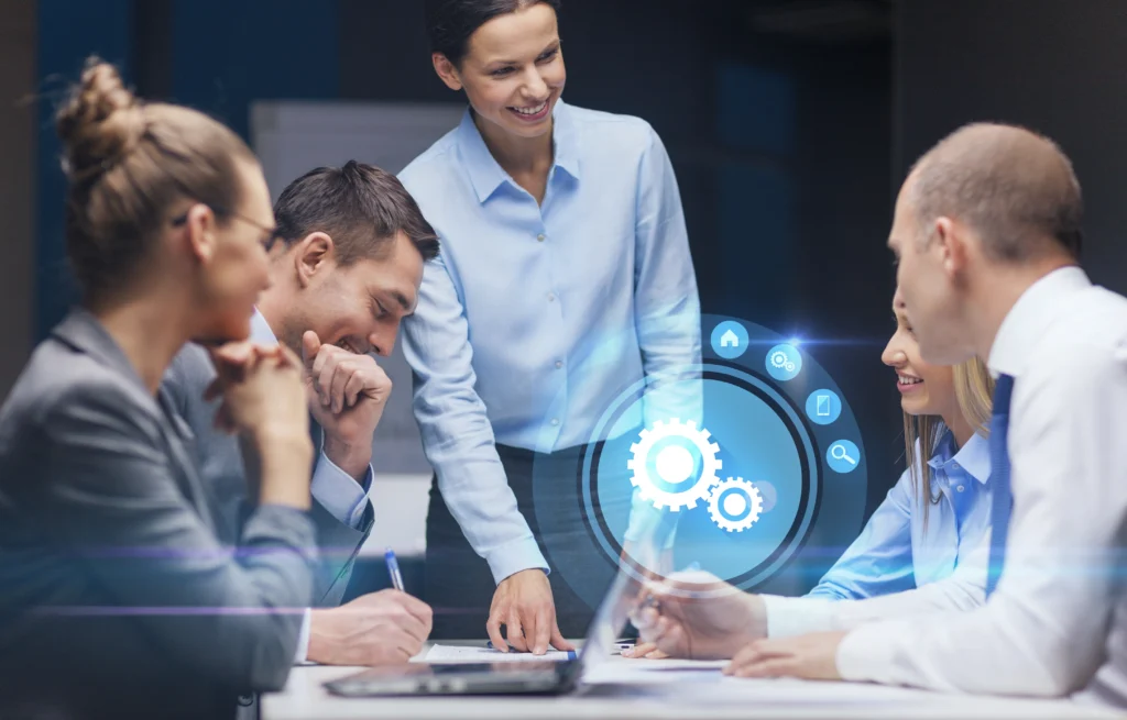 business technology deadline management people concept smiling female boss talking business team off