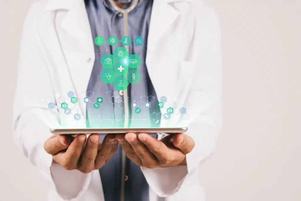 Healthcare professionals using AI and automation technology to improve operations