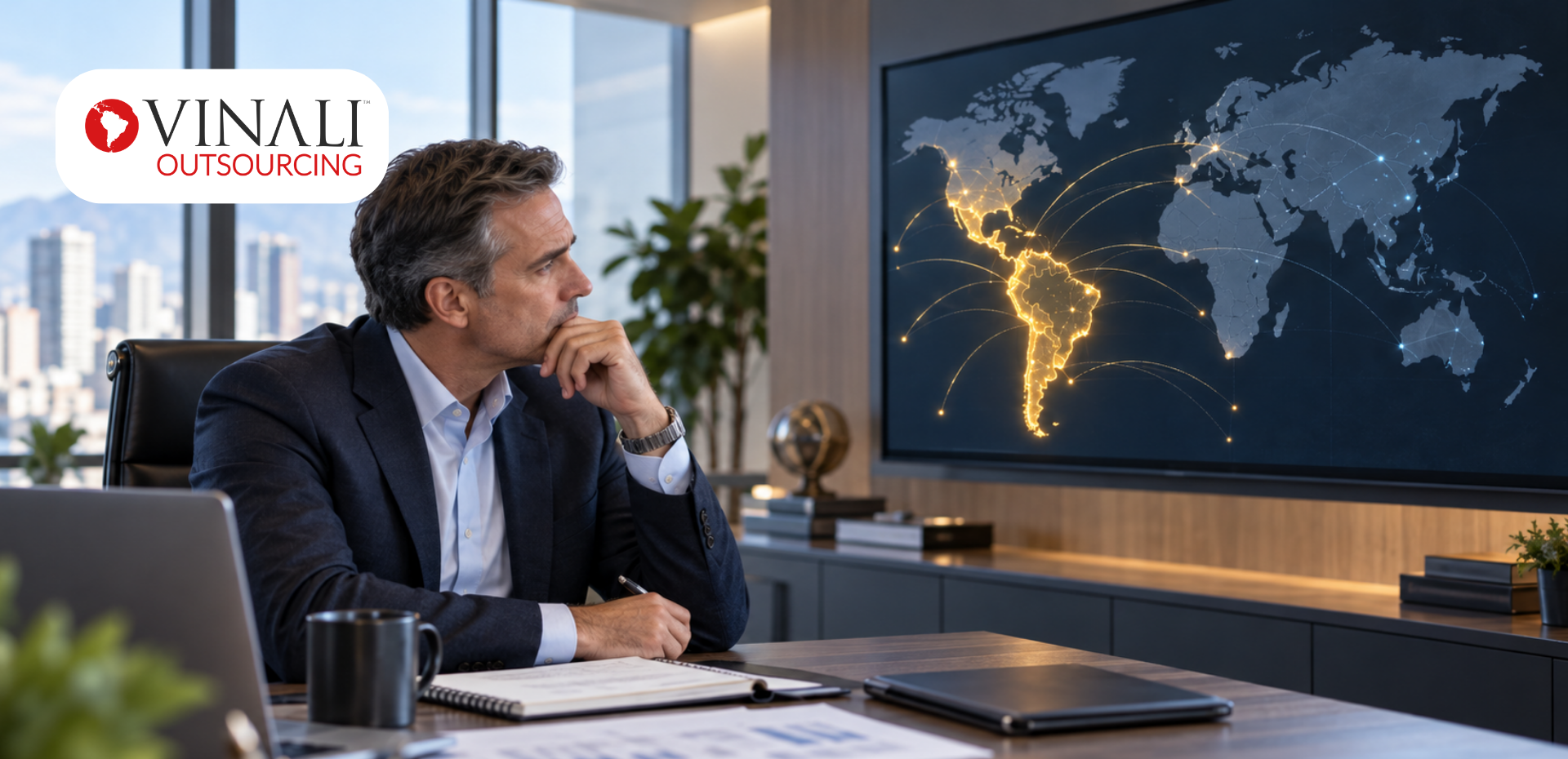 Business leader comparing offshore outsourcing to a nearshore team with Vinali Group