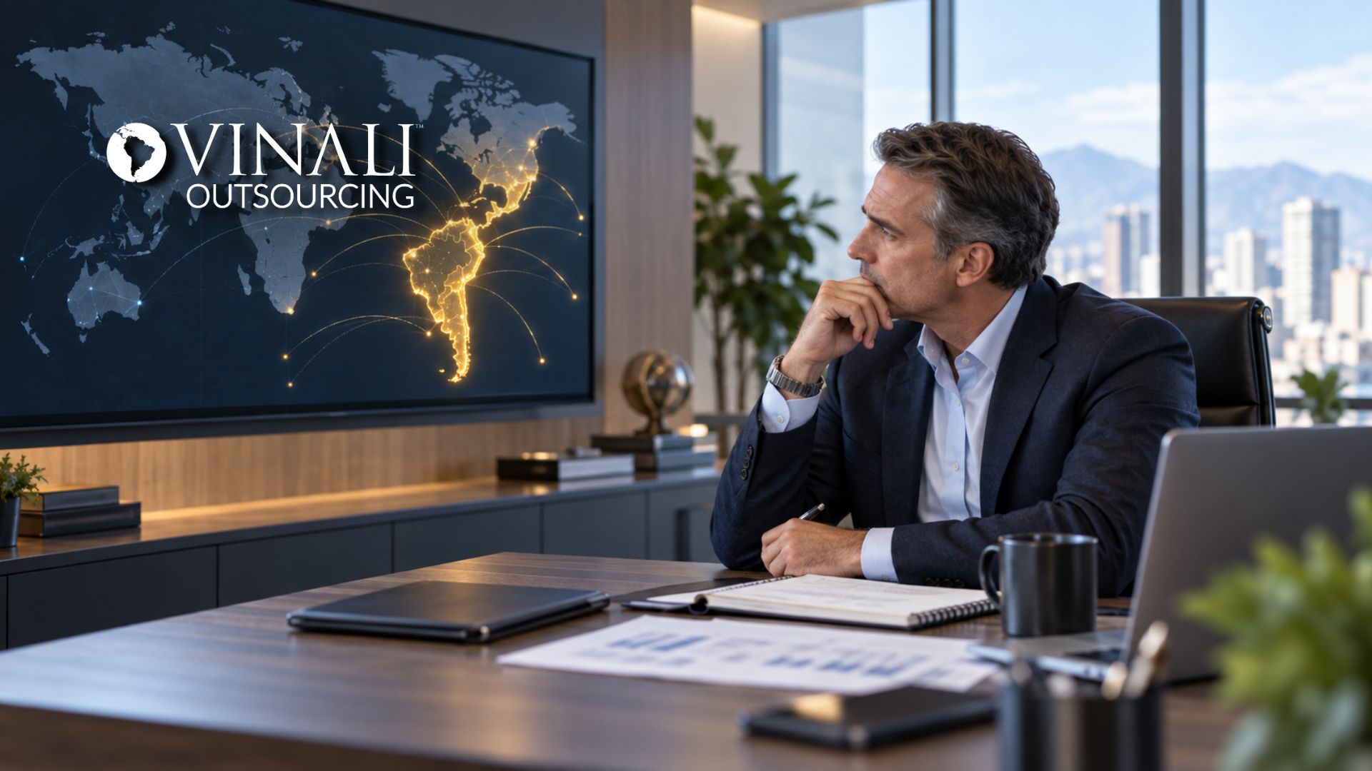 Business leader comparing offshore outsourcing to a nearshore team with Vinali Group