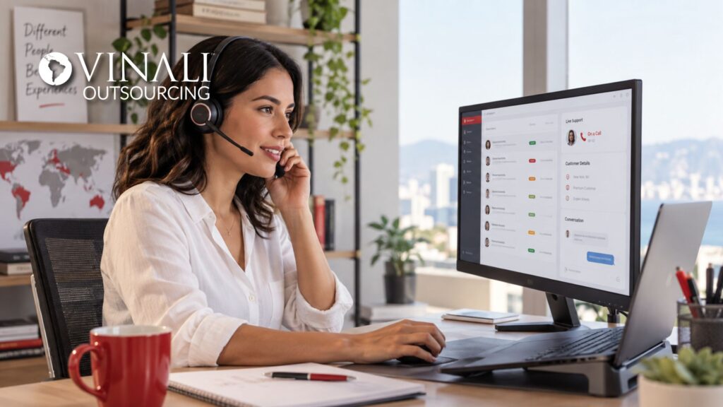 Vinali outsourced customer service agent taking a call at her desk