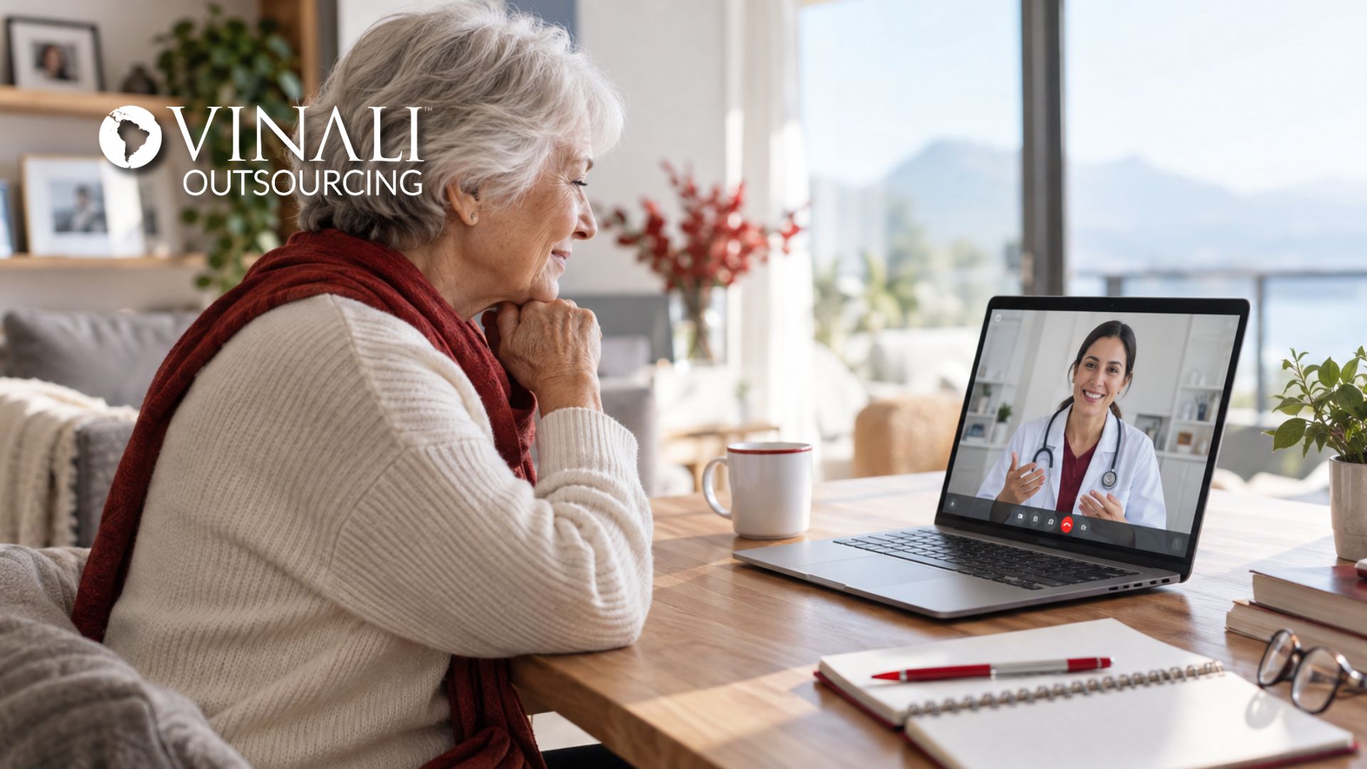 Patient using telehealth video call as part of a telehealth outsourcing support model