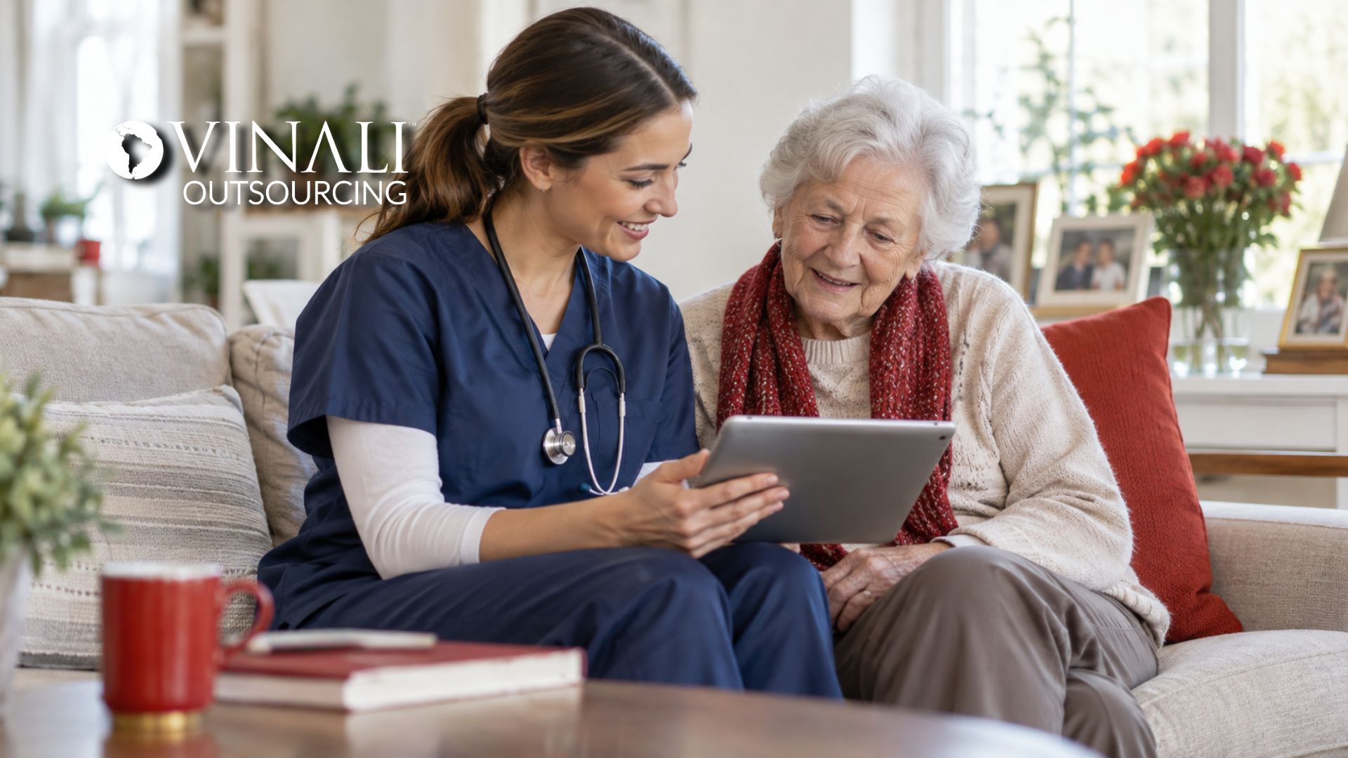 Vinali home care staffing solutions: clinician reviewing care plan with senior patient on tablet
