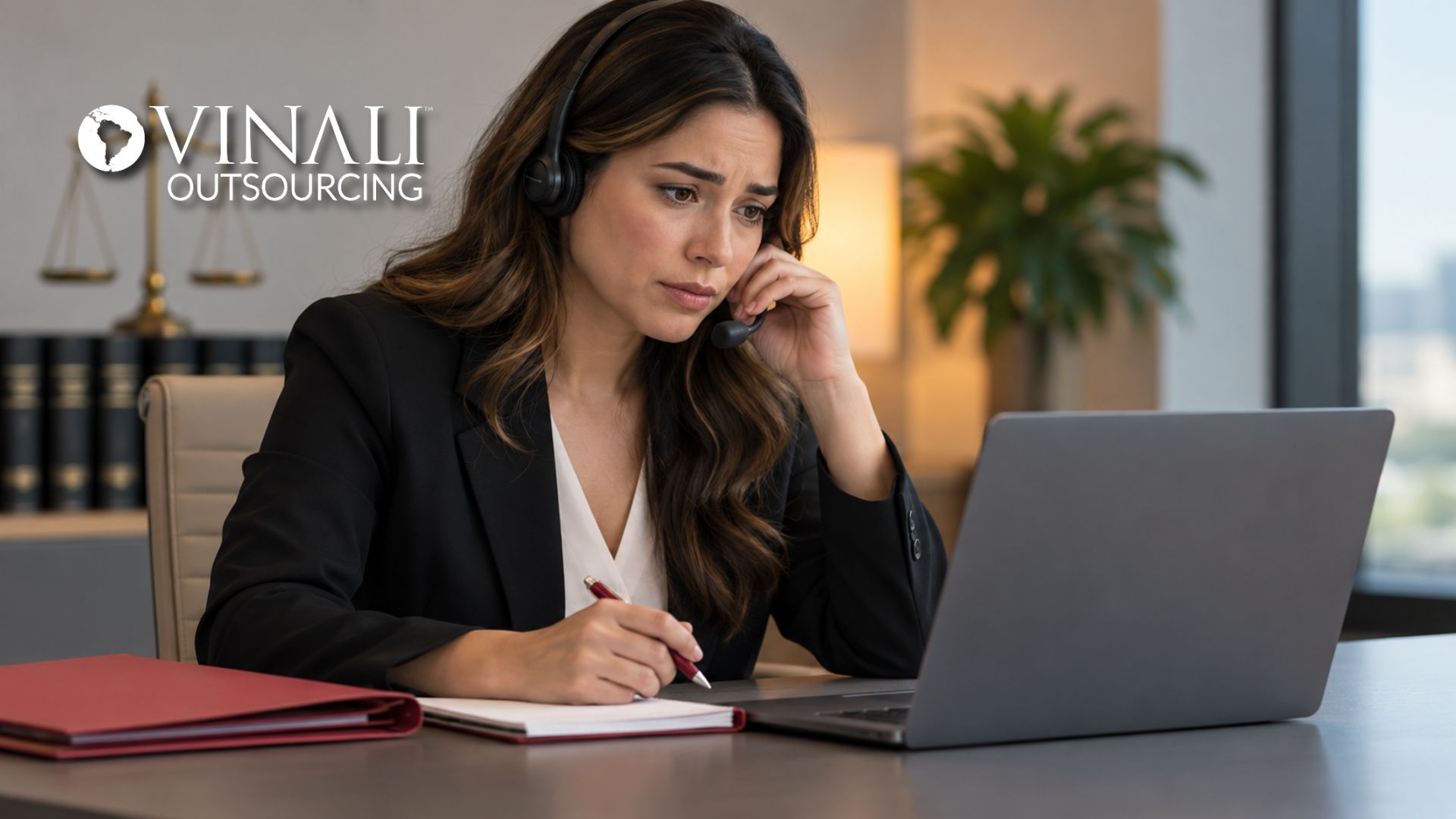 Legal professional on a phone call at her desk, a bilingual legal receptionist handling a first call from a prospective client