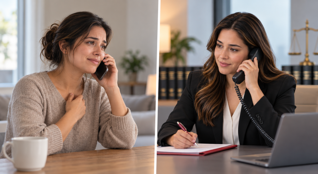 Split image of a caller at home and a legal professional in her office taking notes, a bilingual legal intake specialist handling the call