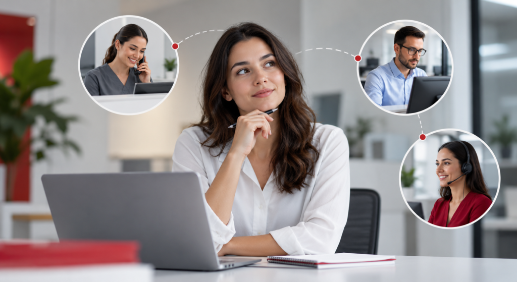 Patient Collections: Who Should Own Each Step, Your Front Desk, Your Billing Team, or an Outside Partner? 1 Woman at a laptop connected by video to three colleagues, coordinating patient collections across a team