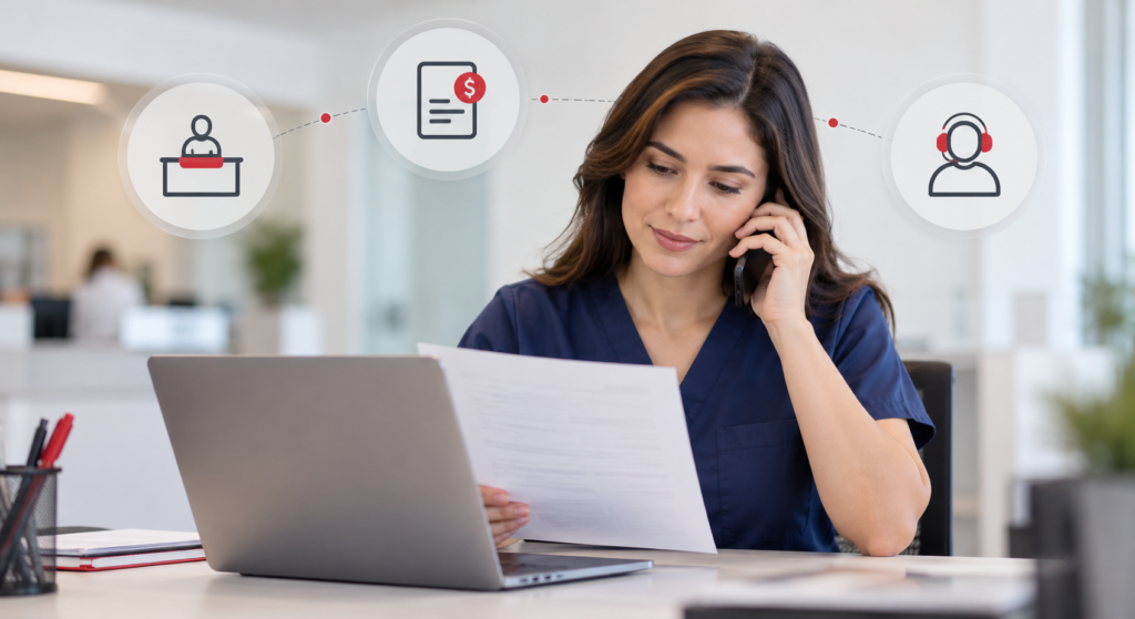 Patient Collections: Who Should Own Each Step, Your Front Desk, Your Billing Team, or an Outside Partner? 3 Medical office worker in scrubs on a phone call while reviewing a document, part of patient collections follow-up