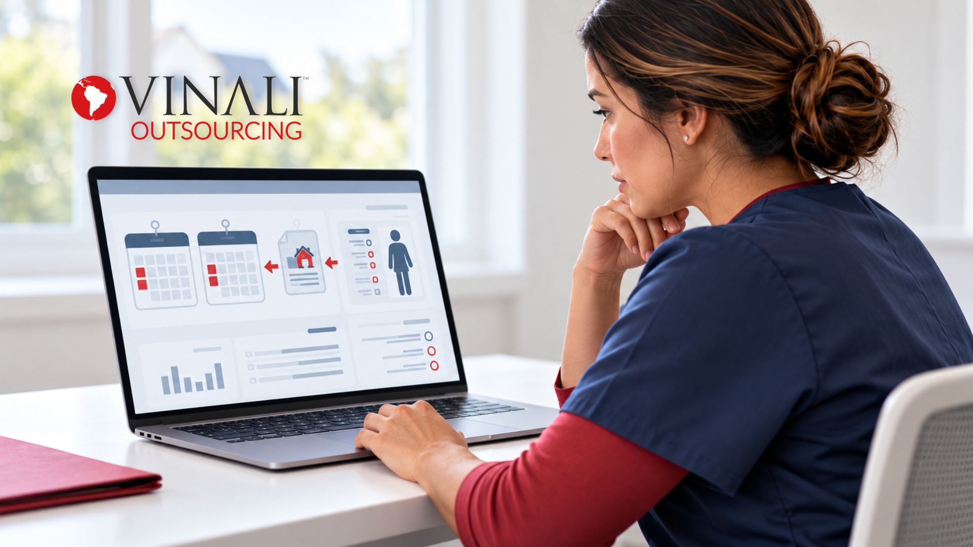 Healthcare worker in scrubs reviewing a dashboard on her laptop, part of home health coding services