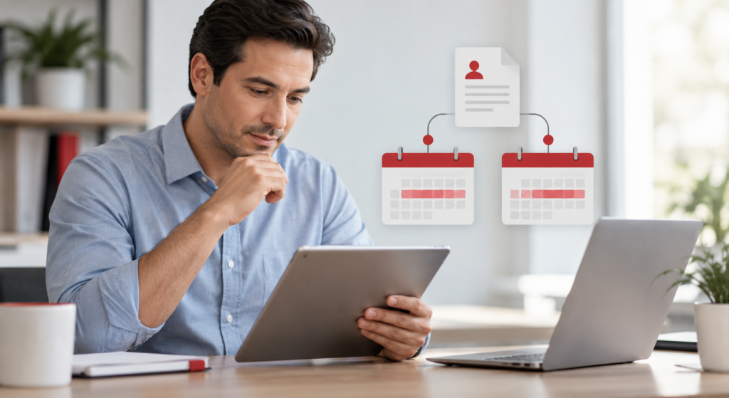 Man reviewing information on a tablet next to a laptop, working through home health OASIS coding for 30-day periods