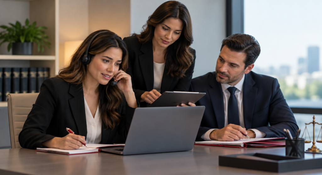 Three legal professionals at a table reviewing client details from a bilingual legal intake call