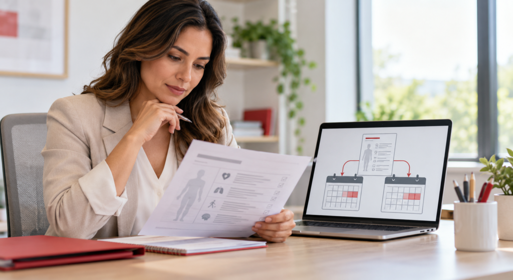 Woman reading documents beside a laptop showing a flow diagram, a step in deciding whether to outsource home health coding