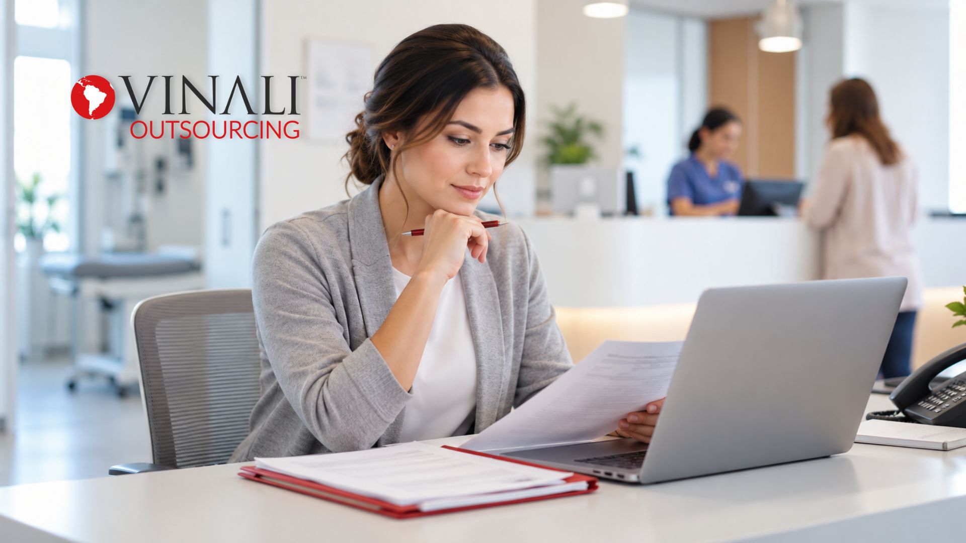 Woman reviewing documents at a medical reception desk, where patient collections services often begin